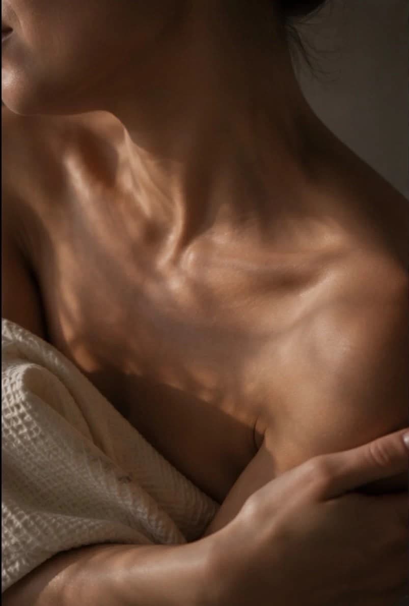 Épaule et clavicule d'une femme dans une lumière chaude, drapée d'un linge nid d'abeille